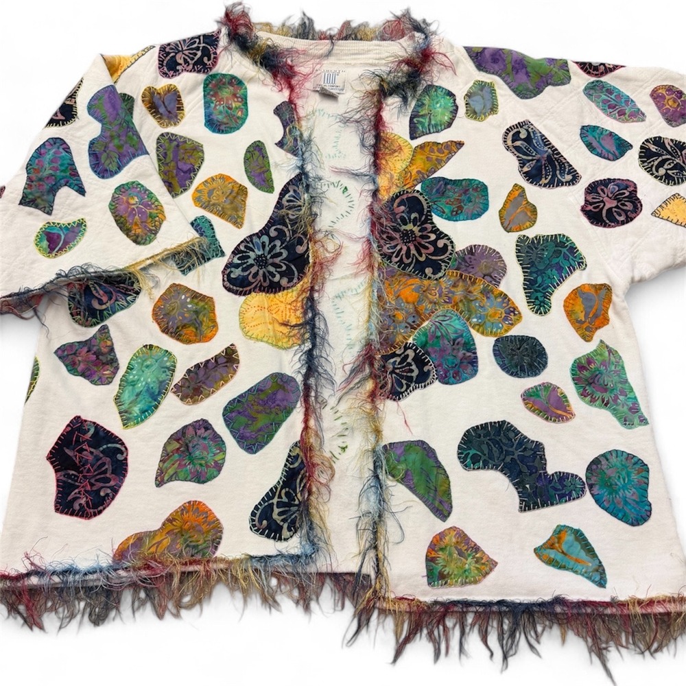 OOAK Handcrafted IOU Casual Comfort White Patchwork Fringed Cardigan Women's L‎